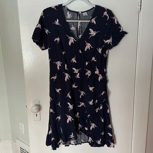 Clothing & CO Blue and pink birds faux wrap around dress